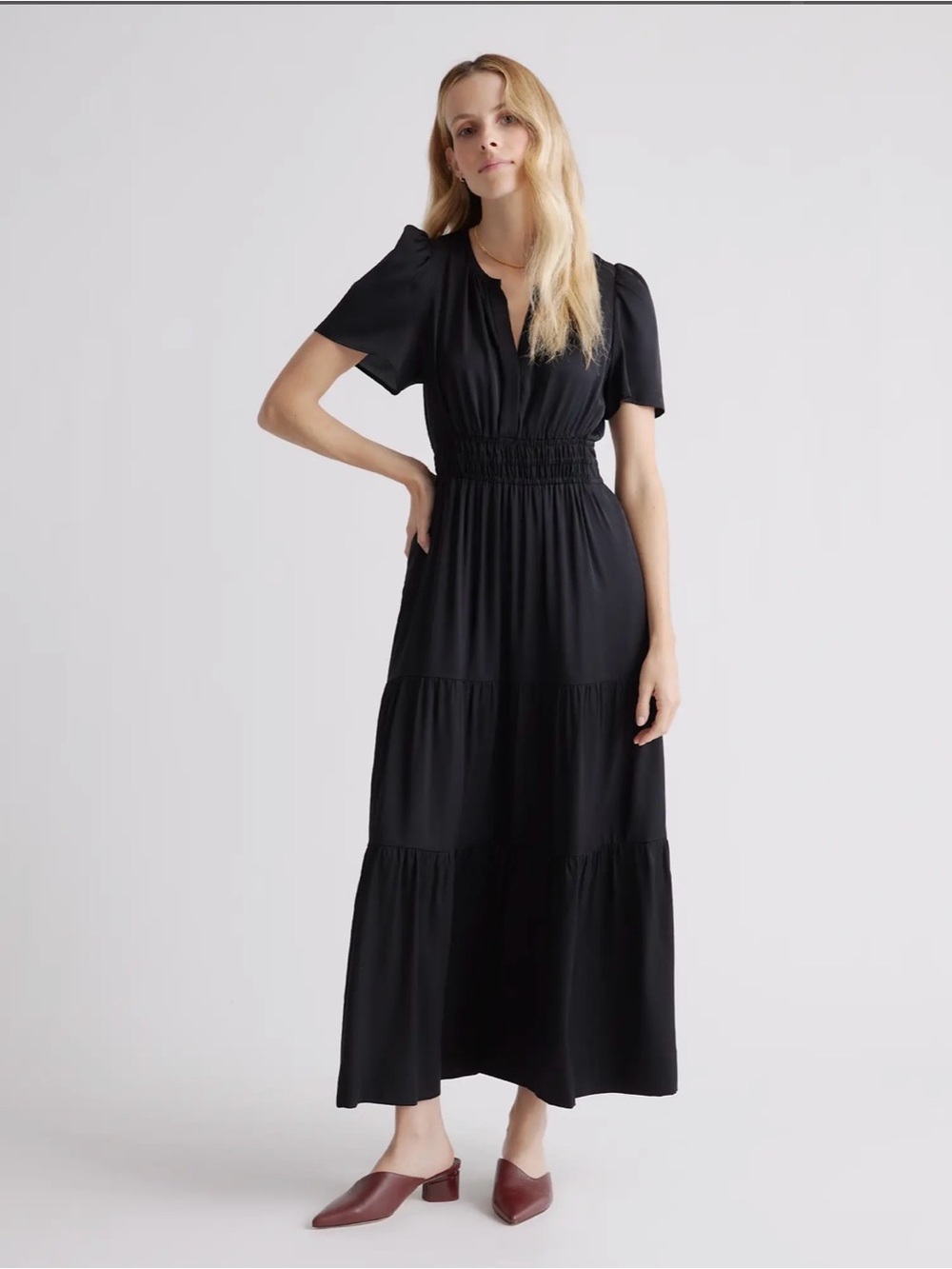 Quince Washable Stretch Silk Tiered Maxi Dress Black XL NWT Pocket